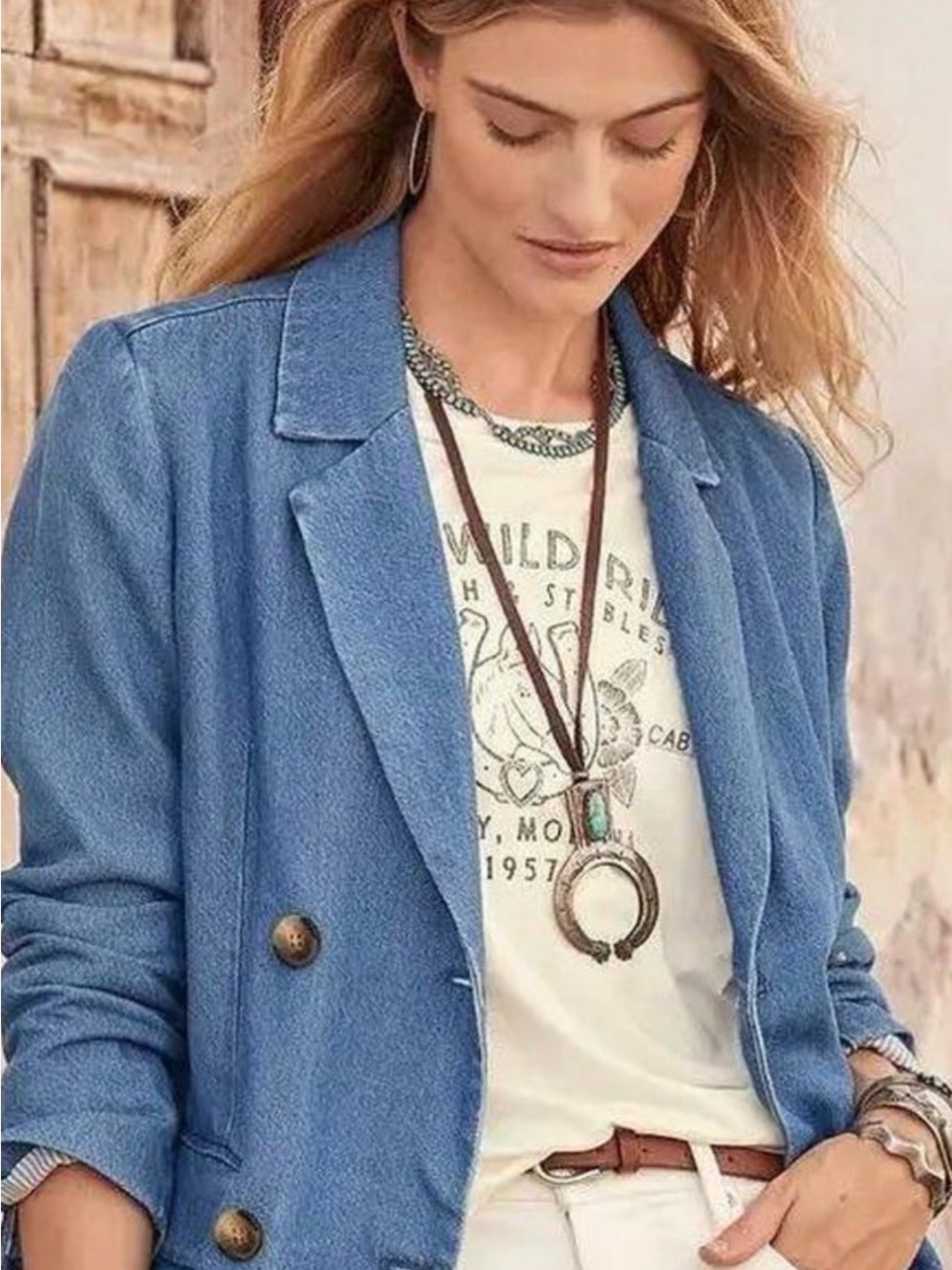 Sundance Double-Breasted Women's Denim lyocell Blazer Size L